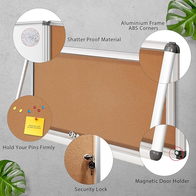 SWANCROWN Lockable Noticeboard Wall-Mounted Bulletin Pin Cork Boards Message Board with Aluminium Frame 28x14 inch