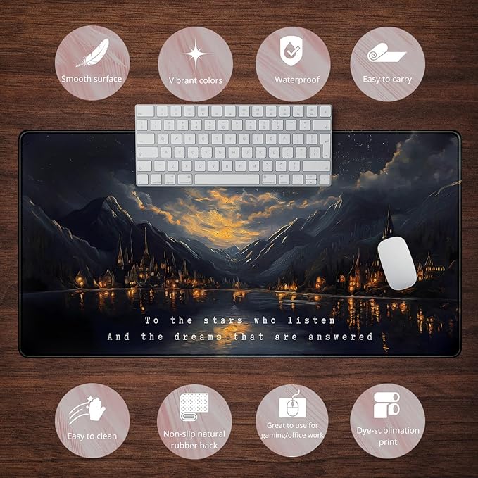Starry Night Mountain Desk Pad Mat Moon Oil Painting XXL Black Mouse Pad for Gaming Deskpad, Aesthetic Moon and Stars Mousepad Xxl for Laptop Computer Mouse Game Keyboard Mat, 31.5 X 15.8 In