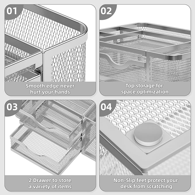 Marbrasse Mesh Desk Organizer, Pen Organizer with 2 Drawer, Multi-Functional Pencil Holder for Desk, Desk Organizers and Accessories with 5 Compartments + Drawer for Office Art Supplies (Silver)