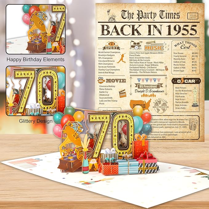 70th Birthday Card for Men Women, Funny 3D Pop Up 70th Birthday Gifts for Grandma Mom Dad, Back In 1955 Happy 70 Year Old Birthday Decorations Cards for Her Him, Classy Vintage