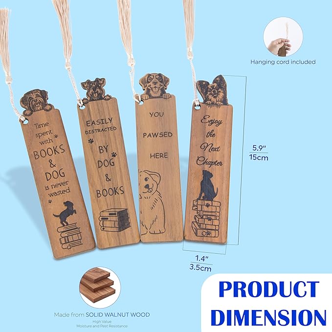 Dog Bookmark – Set of 4 Wooden Bookmarks with Tassels, Made from Walnut Wood,Funny Bookmark Gift for Men and Women, Novelty Gag Bookmark for Book Lovers,Christmas Stocking Stuffer