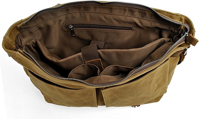 HuaChen Mens Waxed Canvas Messenger Bag Shoulder Satchel Leather Crossbody Bag for Laptop (M49_Khaki)