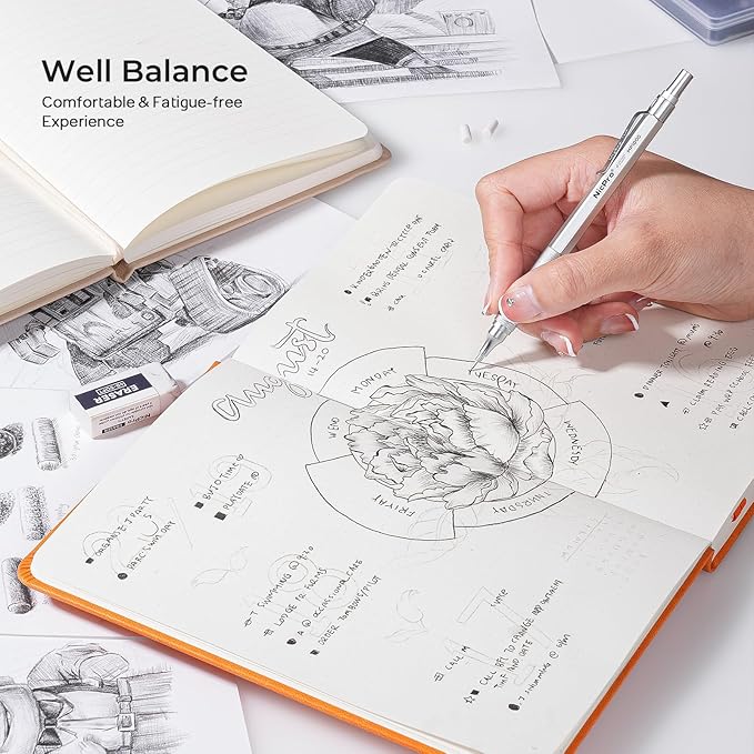 Nicpro 4 Pack Metal Mechanical Pencil Set 0.5 mm & 0.7mm with Case, Artist Pencil MP1000 with 8 Tubes HB & 2B Lead Refill, 3 Eraser, 9 Eraser Refill For Art Writing Drafting Drawing,Black & Silver