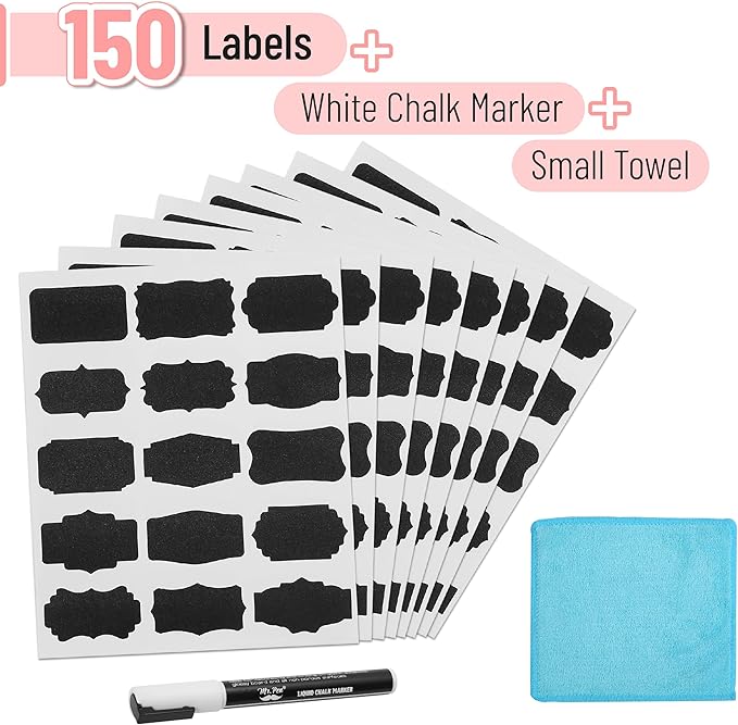 Mr. Pen- Chalkboard Labels, 150 pcs, Assorted Shapes, 1 White Chalk Marker and Small Towel, Labels, Label Stickers, Labels for Storage Bins, Sticker Labels, Bottle Labels, Food Labels, Jar Labels