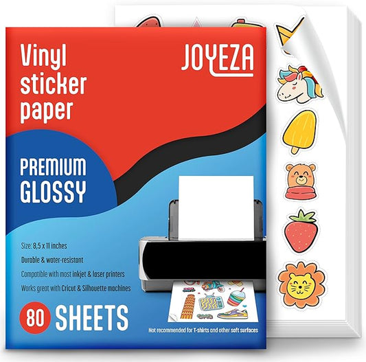 JOYEZA Premium Printable Vinyl Sticker Paper for Inkjet Printer - 80 Sheets Glossy White Waterproof, Dries Quickly Vivid Colors, Holds Ink well - Inkjet & Laser Printer