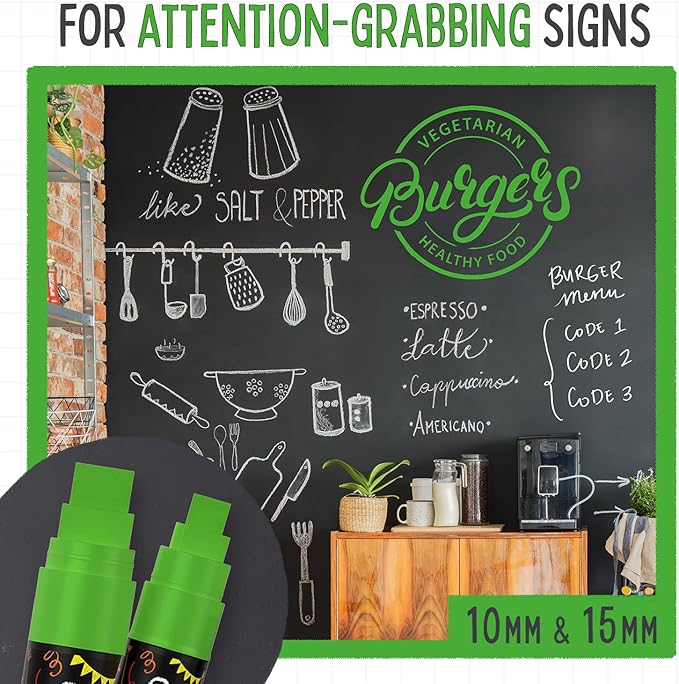 5 Green Chalkboard Chalk Pens - Green Dry Erase Markers for Blackboard, Chalkboard Signs, Windows, Glass | Variety Pack - Fine & Jumbo Size Ink Pen (1mm, 3mm, 6mm, 10mm, 15mm)