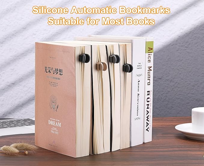 6Pcs Automatic Bookmark, Silicone Smart Book Marks for Reading Women, Men, Kids,Cute Unique Book Markers Bookmark Clip Reading Accessories Gifts for Book Lovers (2 Dark Grey+2 Light Grey+2 Beige)