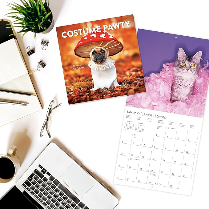 Graphique 2025 Costume Pawty Wall Calendar | 12” x 12” | Thick Paper | Home & Office Organizer | Large Monthly Grid | 3 Languages & Marked Holidays | 4 Month Preview Page for 2026