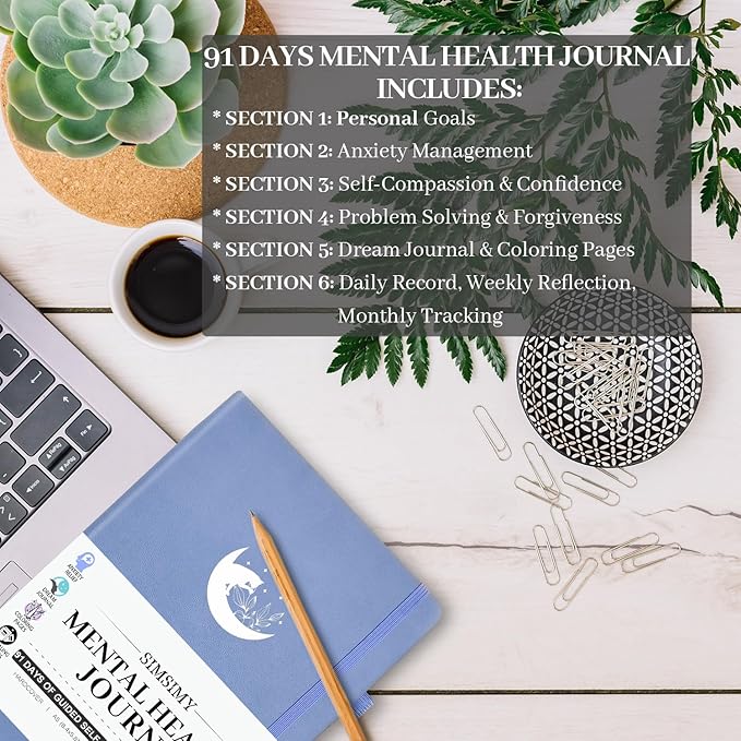Mental Health Journal, 91-Day Self Care Journal for Women Men, Guided Anxiety & Stress Relief Journal with Mood Tracker, Cognitive Behavioral Therapy Journaling with Mental Health Coloring Pages & Dream Log