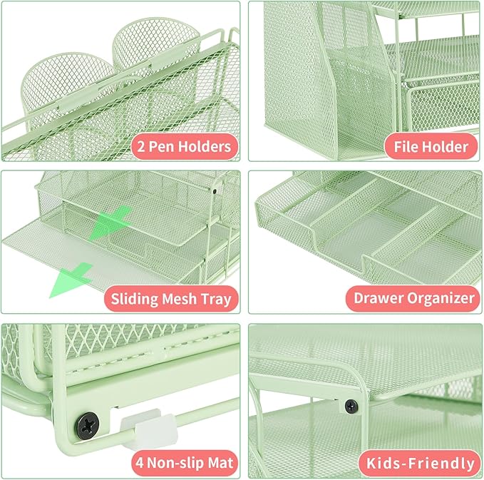 Desk Organizers and Accessories, Desk Accessories & Workspace Organizers for Office Supplies, File Organizer Desk Drawer Organizer with 2 Pen Holders, 4 Tier Paper Organizer for Desk(Green)
