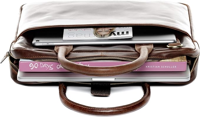 SID & VAIN laptop bag BOSTON Large business office work bag laptop case real leather briefcase leather bag Unisex brown