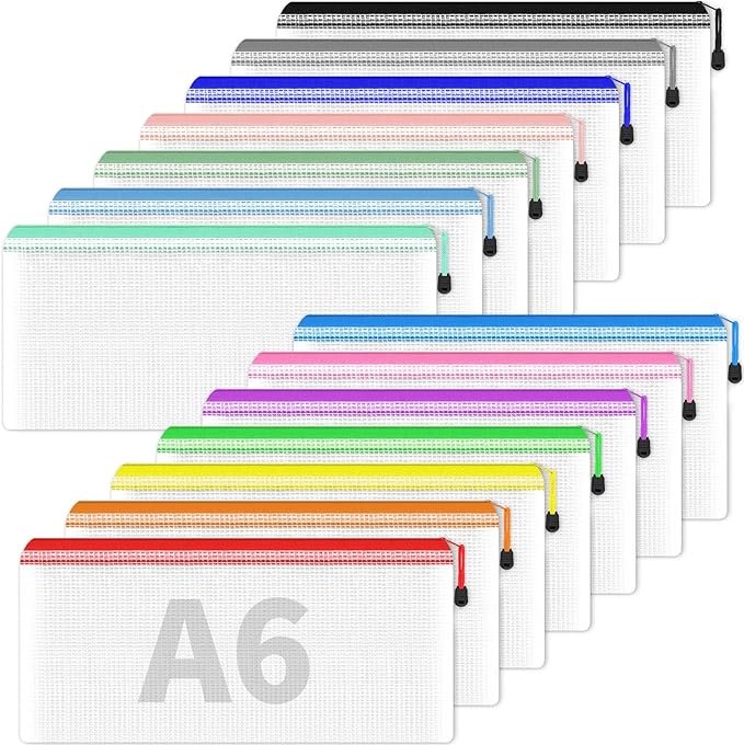 Smarpau 14pcs Zipper Pouch, 14 Colors 9.3" x 4.7" Mesh Pencil Pouches, Plastic Pencil Case Waterproof Zipper Bags for Cosmetic,Travel, Office Storage