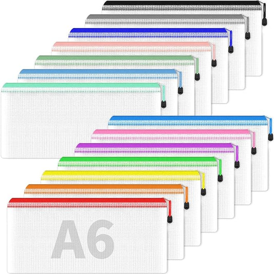 Smarpau 14pcs Zipper Pouch, 14 Colors 9.3" x 4.7" Mesh Pencil Pouches, Plastic Pencil Case Waterproof Zipper Bags for Cosmetic,Travel, Office Storage