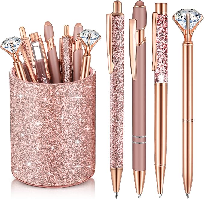Sabary 8 Pcs Ballpoint Pens with Pen Holder for Desk Metal Crystal Diamond Pen Glitter Pencil Holder Fancy Pens Black Ink Bling Desk Organizer for Women Girls Office School Wedding Gifts (Rose Gold)
