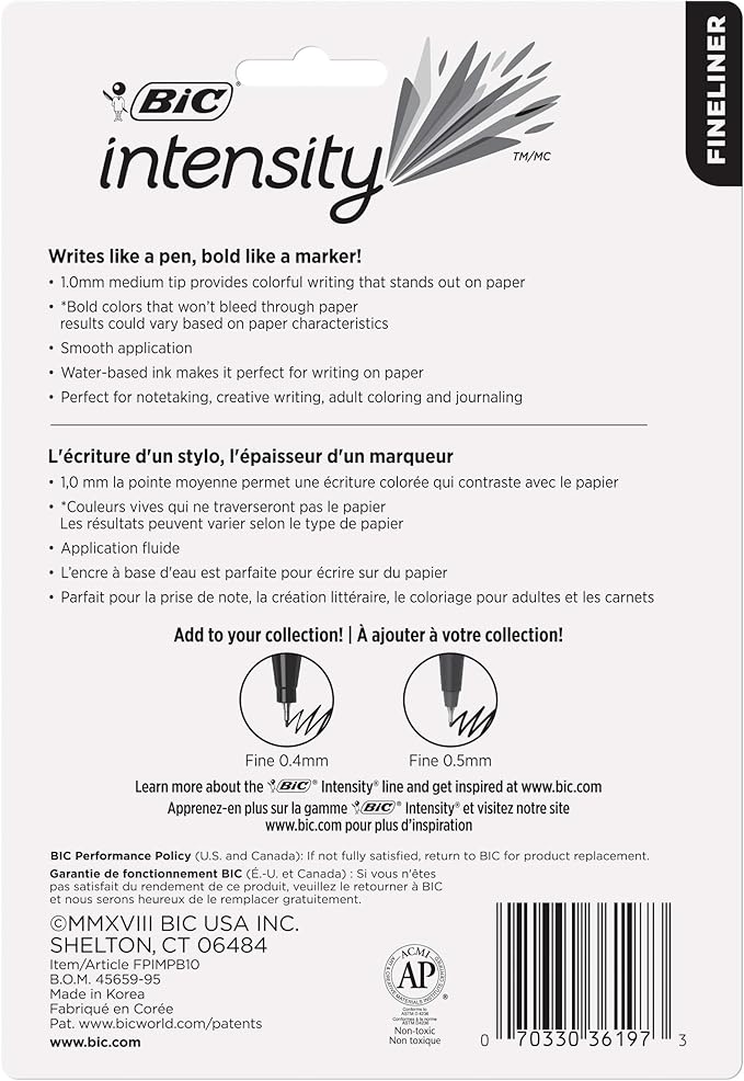 BIC Intensity Fineliner Marker Pen, Medium Point (0.7mm), Assorted Colors, 10 Count, Bold and Smooth Writing