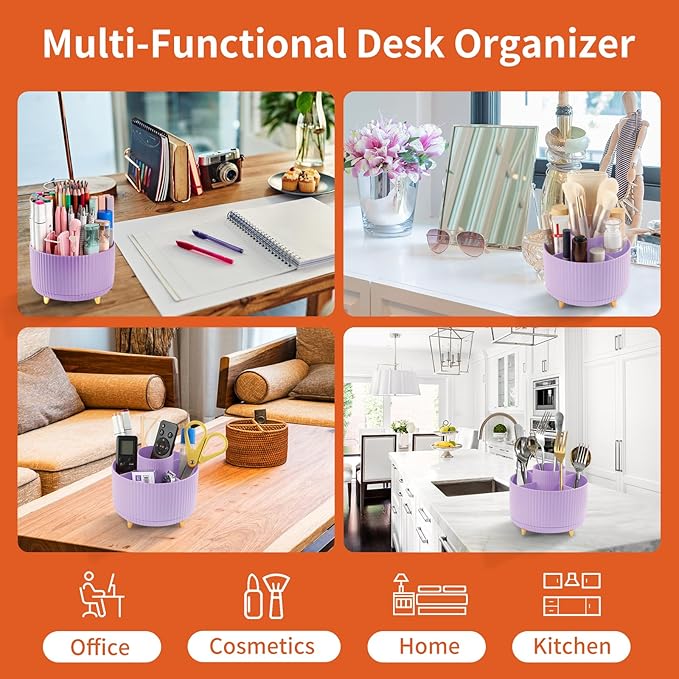 Desk Pen Holder, 5 Slot 360 Rotating Pen Organizer for Desk, Desktop Storage Stationery Supplies Organizer, Cute Pencil Cup Pot for Office, School, Home, Art Supply, Purple