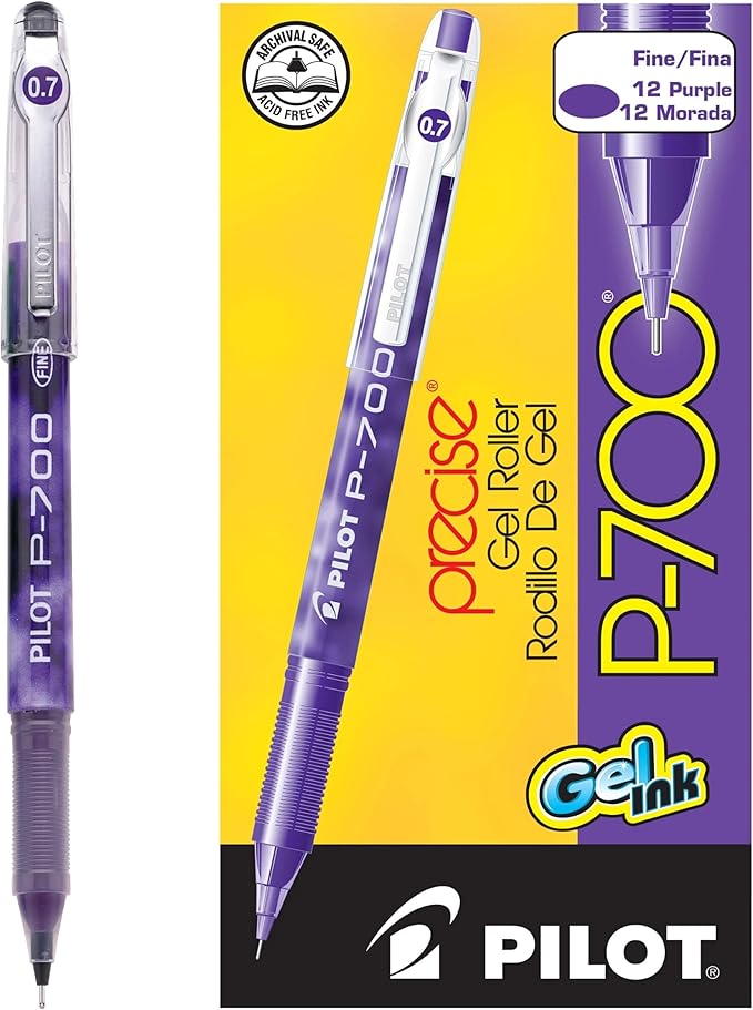 Pilot, Precise P-700 Gel Ink Rolling Ball Stick Pens, Marbled Barrel, Fine Point 0.7 mm, Purple, Pack of 12