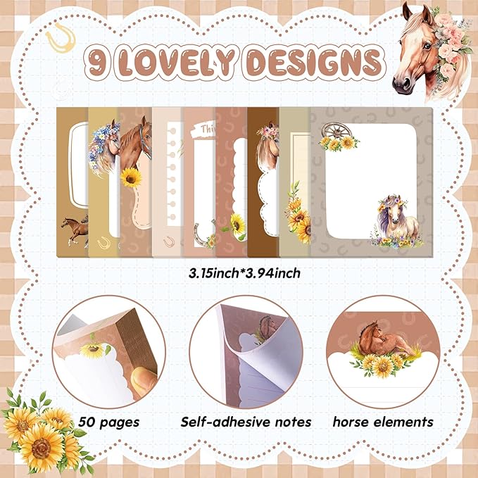 Sabary 9 Pads Sticky Notes 3.15 x 3.94 Inches Cute Self Sticky Note Pads Colored Adhesive Notepad for Memo Reminder Journal Studying Office Home Gift(Horse)