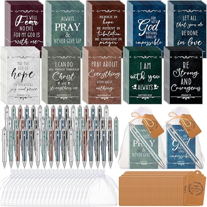 200 Pcs Bible Verse Sets Church Christian Gift Include 50 Scripture Notebooks 50 Bible Bamboo Pens 50 Thanks Tags 50 Organza Bags for Women Man Christian Party Gifts(Fresh Color,Classic)