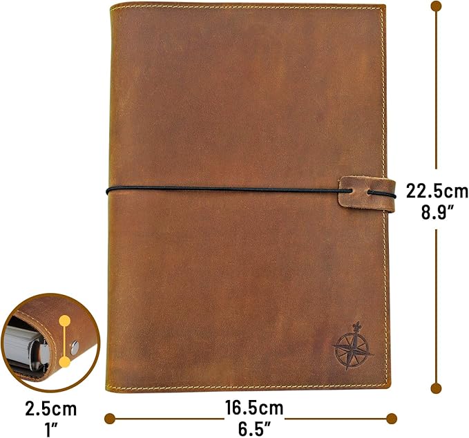 WANDERINGS Refillable A5 Leather Binder Journal - 8.5x6-6 Ring Binder Organizer with Pockets - Hand-Crafted Genuine Leather Folio - Filofax Compatible. 52 Weeks with Notes Section