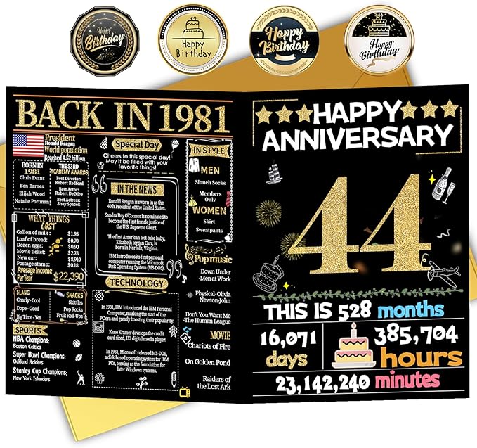Joycard 44th Anniversary Card for Women Men, Gold Wedding Card for Wife Husband, Sweet Marriage Decorations Gifts for Couple, Perfect for Her Him on Anniversary Day, Back in 1981