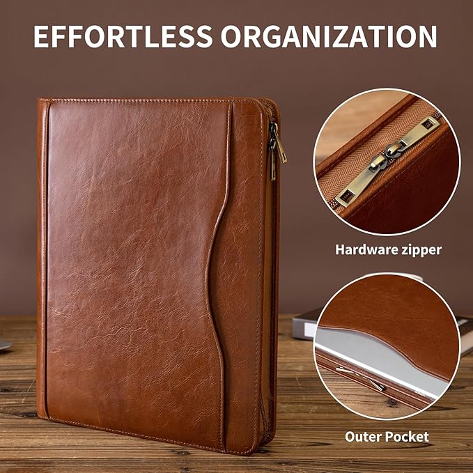 YIWEN Handmade Crazy-Horse Leather 3 Ring Binder Portfolio Padfolio Folder with Zipper for Men and Women, Business Organizer for Letter A4 Size for Meeting and Travel (Custom Engraved, Oil Wax-Brown)