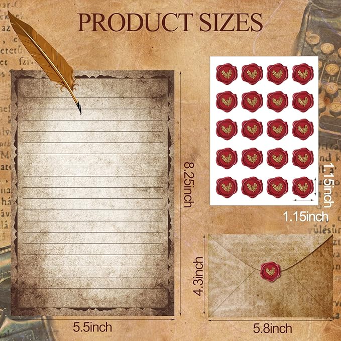 TaoBary 160 Packs Stationery Paper Set (50 Double Sided Stationery Writing Papers 50 Matching Envelopes) 60 Round Dot Sticker, 10 Design(Vintage Antique,5.5 x 8.25 Inch)