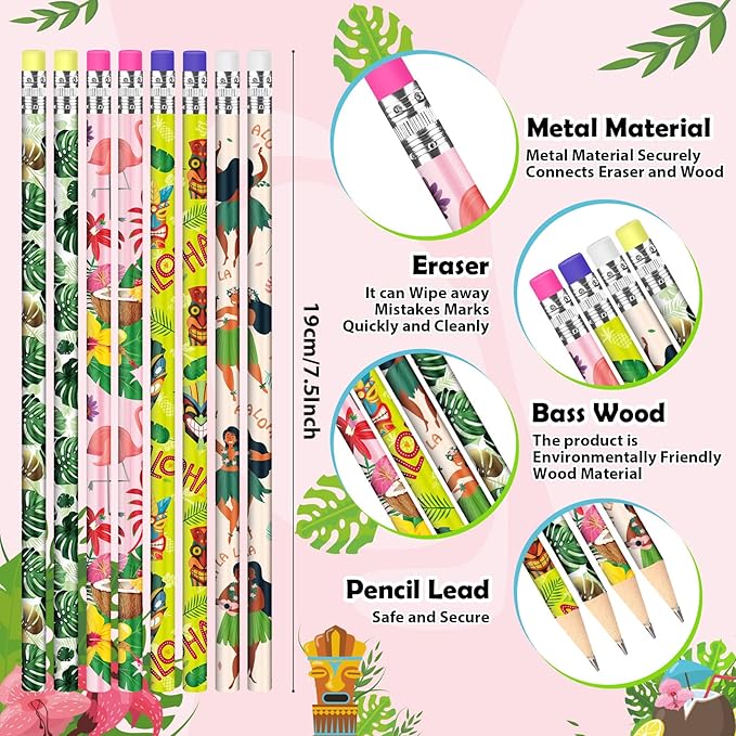 Geyee 36 Pcs Space Pencils Hawaiian Shark Themed Party Favors Assorted Novelty Fun Wood Writing Pencils with Erasers for Birthday Party Teacher Supplies(Hawaiian)