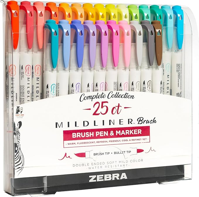 Zebra Pen Mildliner Double Ended Brush Pen, Brush and Point Tips, Assorted Ink Colors, 25-Pack, Multicolor (79125)
