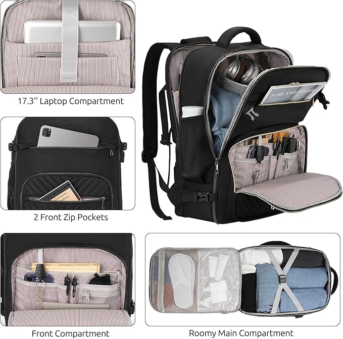 Travel Backpack for Women, Carry On Backpack for Airplanes Flight Approved, Waterproof Large Weekender Overnight Bag Fit 17 Inch Laptop, Black