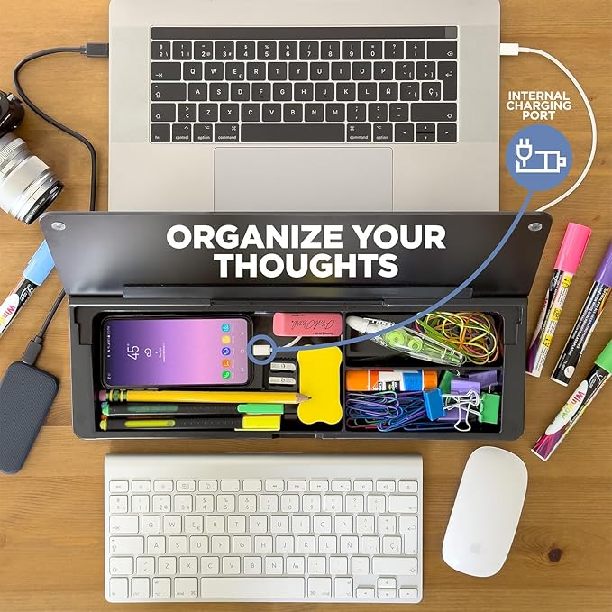 Desktop Whiteboard - Glass Dry Erase White Board - Desk Computer Buddy – Home Office & Studying Essentials - with Phone & Tablet Slot, Storage - Includes 4 Markers, 1 Eraser, Black (2 Pack)