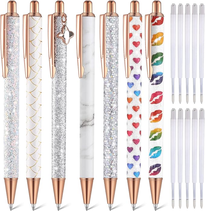 Sherr 7 Pcs Fancy Pens for Women Cute Sparkly Glitter Pens with 10 Pcs Black Ink Refills Pretty Gifts for Girls Office School Christmas Graduation(White,Novel)