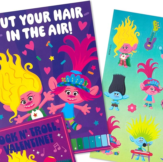 Hallmark Trolls Valentine's Day Cards Assortment for Kids (24 Valentine Cards, 24 Sticker Sheets and Envelopes)