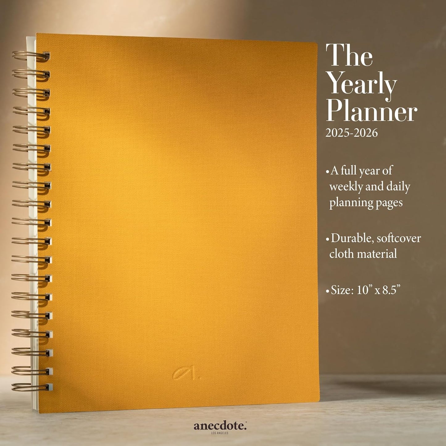 Anecdote 2026 Planner (8.5" x 10") Daily Planner Weekly Monthly Planner - 52 Weeks w/Library Buckram Cover, Brass Spiral - A4 Size Bleed-Resistant Paper – Mustard