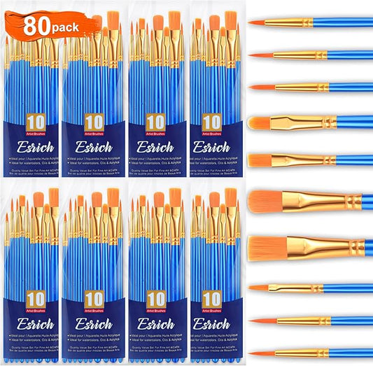 ESRICH Acrylic Paint Brushes Set,8Packs /80 Pcs Nylon Paintbrushes Head, Suitable for Acrylic Oil Watercolor Rock Body Face Nail Art Perfect Suit of Art Painting, Best Gift for Kids Adult Drawing