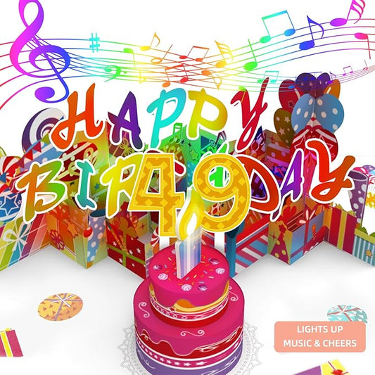 Gumry 49TH Musical Birthday PopUp Card, Blowable Colorful Light Candle 3D Cards with Song, Applause Cheers Sound, Greeting Cards Birthday Gifts Decorations for Women Men Turning 49 Years Old