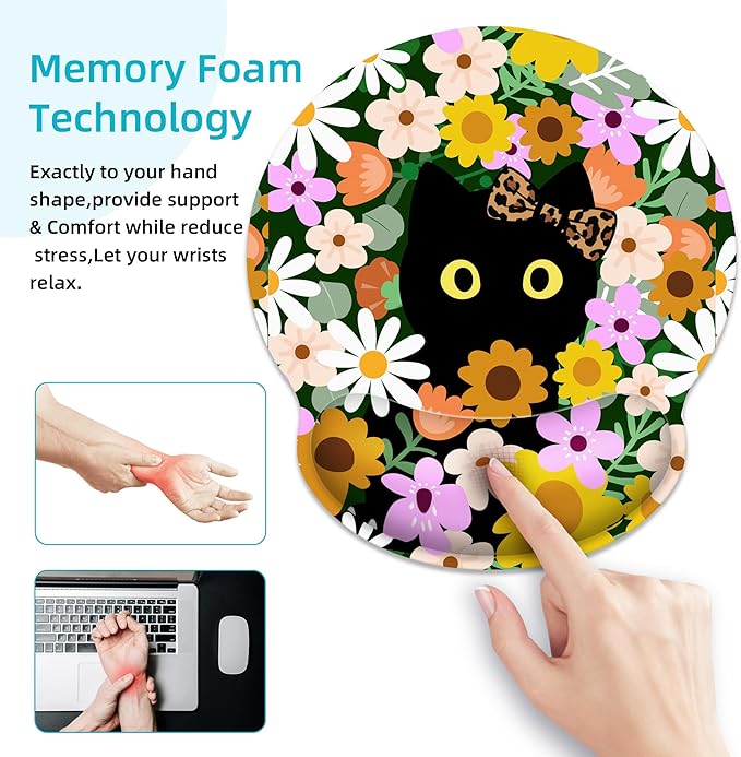 Ergonomic Mouse Pad with Wrist Support,Flower Cute Black Cat Mouse Pad with Wrist Rest,Relieve Wrist Pain Mousepad Non-Slip Rubber Base,Mouse Pads for Desk,Computers,Laptop,Office,Home,Accessories