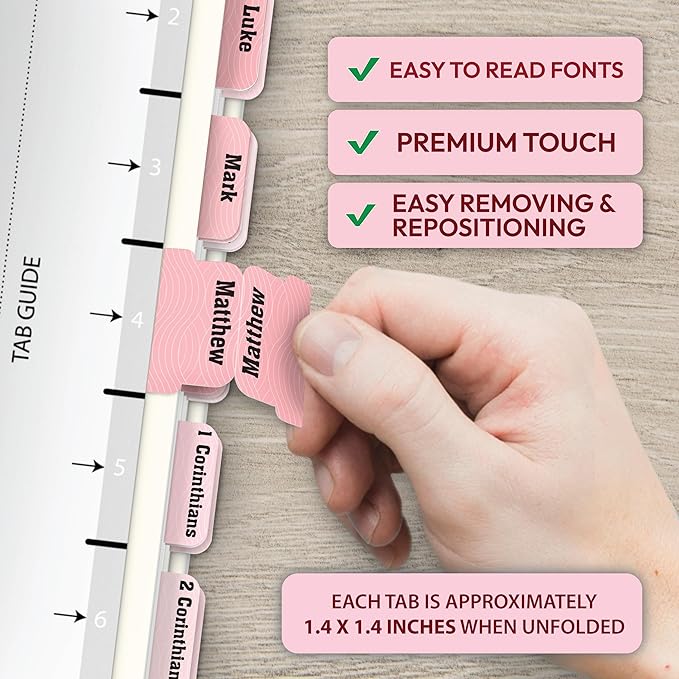 Pink Bible Tabs, 90 Large Print Bible Index Tabs for Study Bible, Laminated Easy-to-Read Label, Christian Gift for Women, Men, Kids