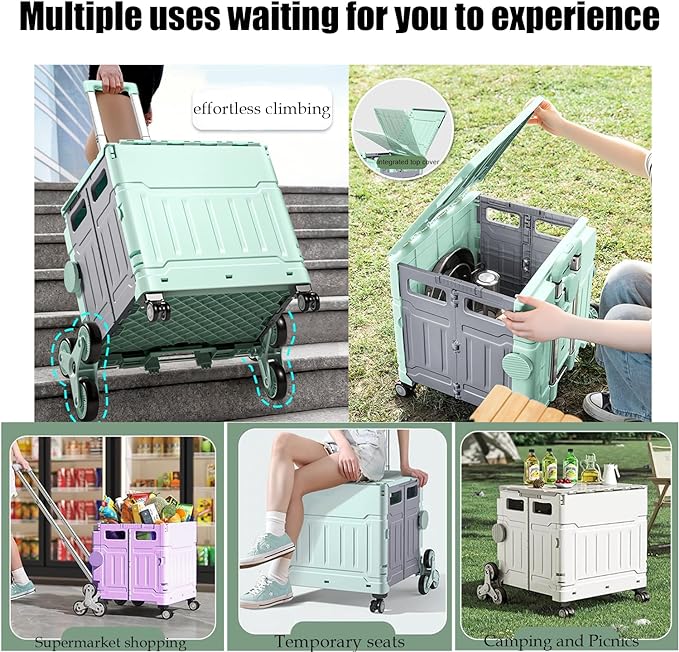 Foldable Utility Cart with Stair Climbing Wheels,Folding Portable Rolling Crate Handcart with Aluminium Alloy Telescoping Handles, Handcart for Grocery Book File Tool Art Supplies