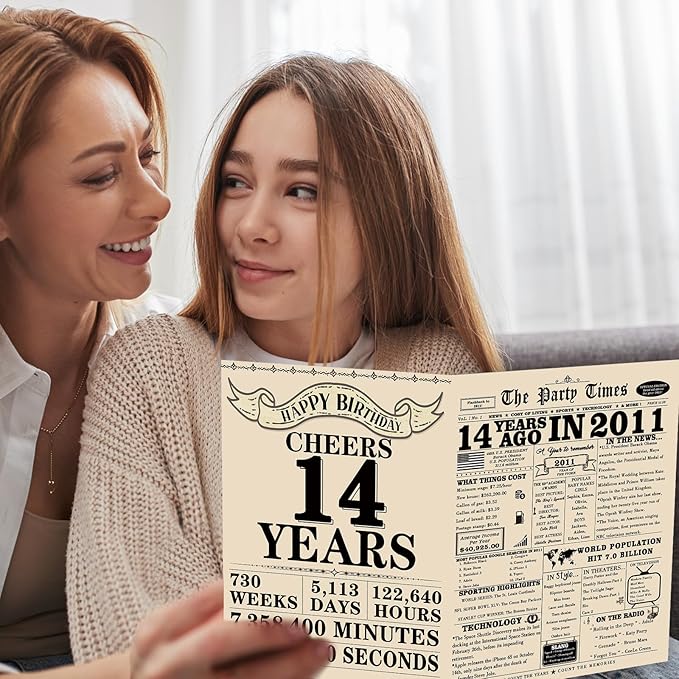 Retro 14th Birthday Card for Girls Boys, Funny 14th Birthday Gift Ideas for Daughter Son, Happy 14 Year Old Bday Decorations for Her Him