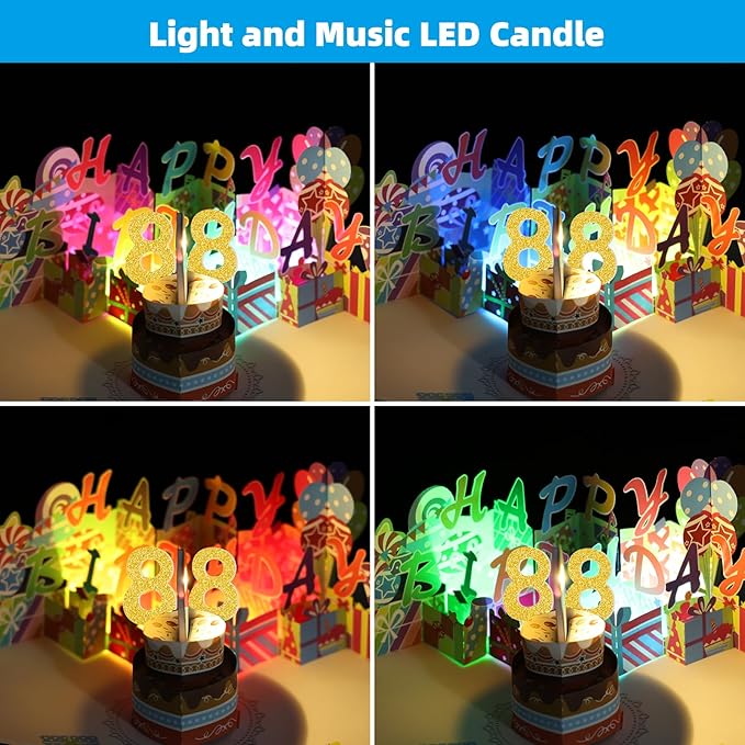 Gumry 88TH Musical Birthday PopUp Card, Blowable Colorful Light Candle 3D Cards with Song, Applause Cheers Sound, Greeting Cards Birthday Gifts Decorations for Women Men Turning 88 Years Old