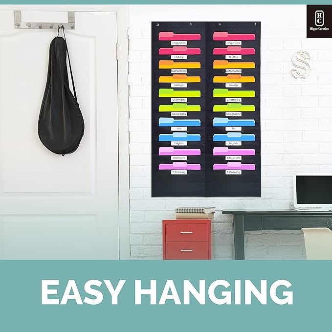 Hippo Creation Heavy Duty Storage Pocket Chart for Classroom, 20 Pocket Storage Organizer with 4 Over-Door Hangers, Hanging Wall Organizer for File Folders, School Mailbox, Home Office Papers - Black