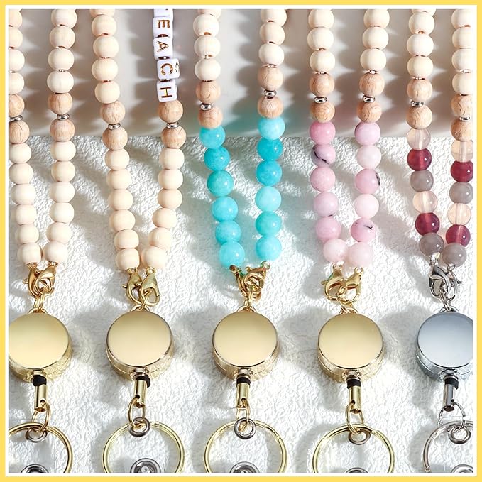Teacher Lanyard with Id Holder, Cute Lanyards for Id Badges Keys, Retractable Natural Wooden Beaded Lanyard for Women, Violet