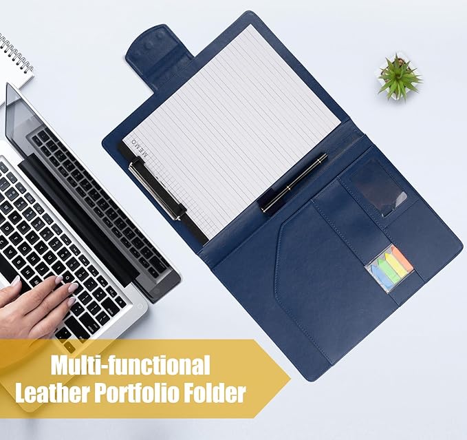 A4 Leather Portfolio Professional Organizer Padfolio,Interview Resume Folder with Magnetic Cover,Conference Document Organizer with Papers,Sticky Tabs,Pen,Work Folio for Women & Man,Retro Blue