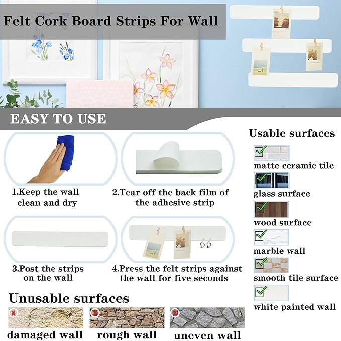 8Pcs Bulletin Board Strips, White Felt Pin Board Bar Strips with 50 Pushpins, Self-Adhesive Felt Cork Board Strips for Wall to Display Your Notes, Photos, Schedules, Announcements