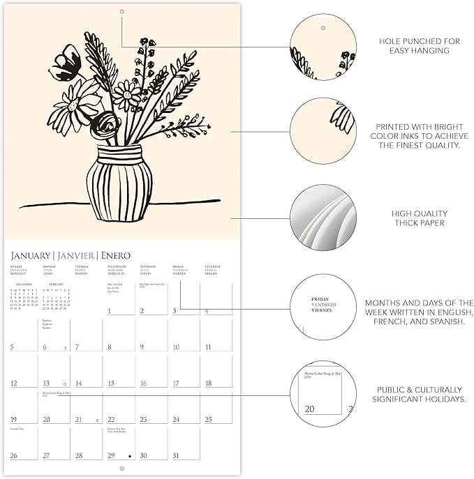 Graphique 2025 Floral Ink Wall Calendar | 12” x 12” | Thick Paper | Home & Office Organizer | Large Monthly Grid | 3 Languages & Marked Holidays | 4 Month Preview Page for 2026