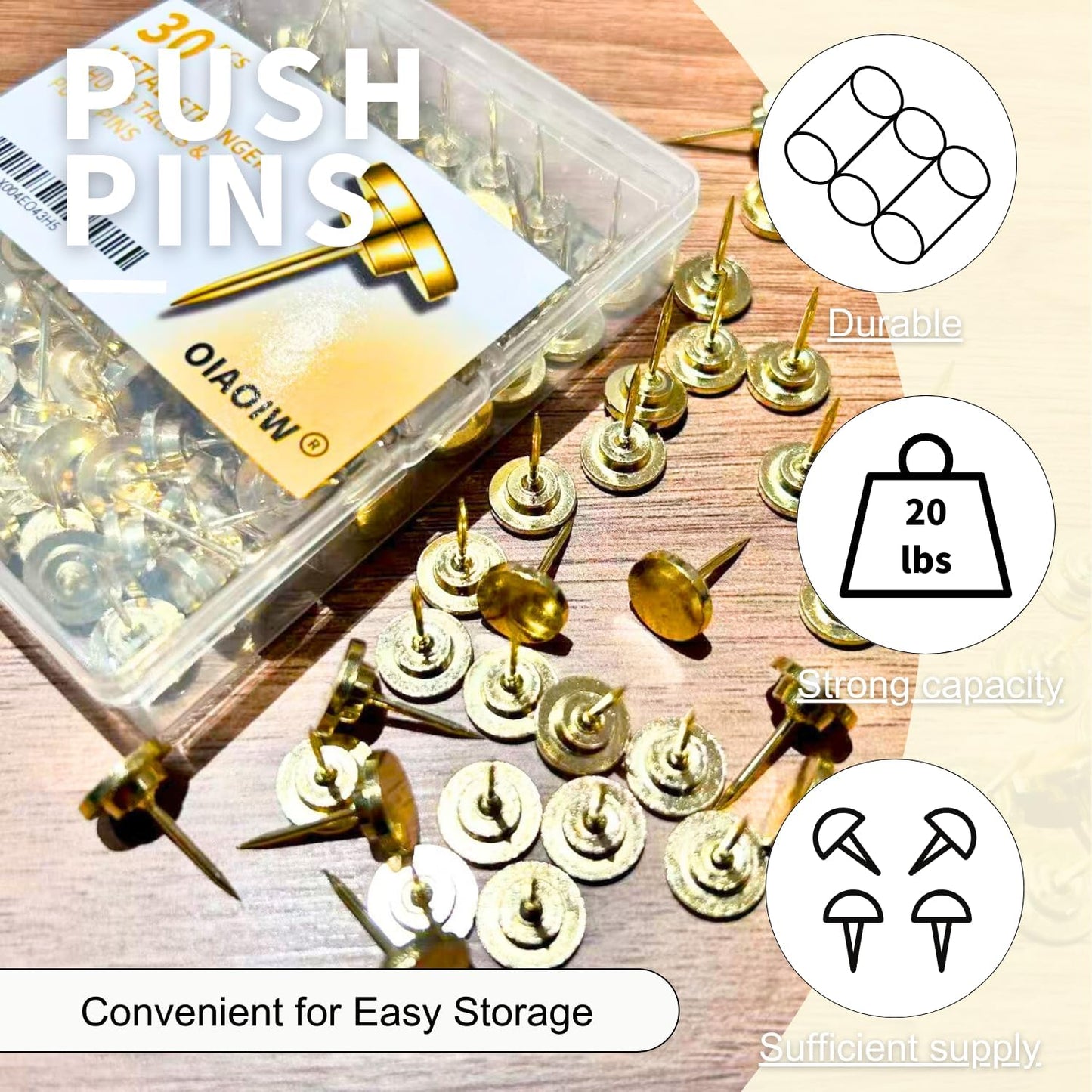 30 PCS Metal Gold Push Pins for Wall Clear Thumb Tacks for Walls Flat thumbtacks Push pin for Bulletin Board Shadow Box Display Thumbtack for Cork Board (Gold)