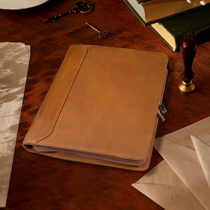 AZXCG Men's Genuine Leather Business Portfolio, Zippered Padfolio Organizer 3-Ring Binder, Organized Portfolio with Pen Rings, Business Card Holder, File Pocket, Holds 99% of iPad and Kindle Fire.