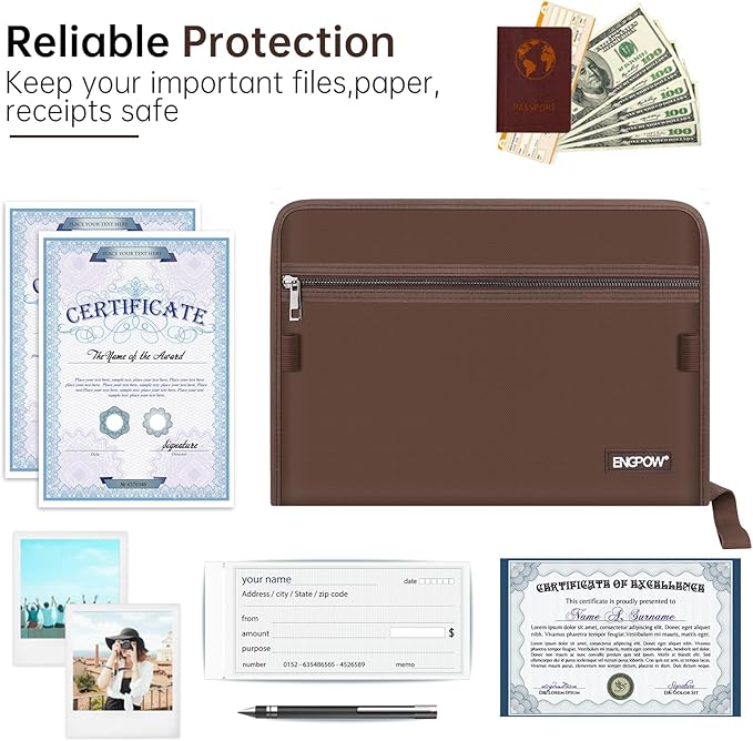 ENGPOW Accordion File Organizer,Fireproof 13 Pockets Expanding File Folder,Document Organizer Folder with Zipper＆Labels,Portable Home Travel Safe Storage for Letter A4 Files and More,Brown