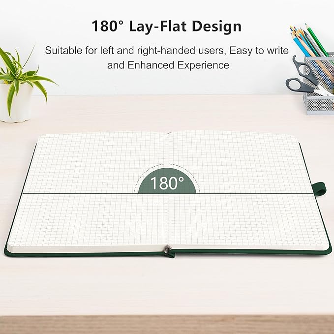 RETTACY Graph Paper Notebook, A5 Grid Notebook Journal with 192 Pages, 5.7'' × 8.3'', Medium Size, Leather Hardcover, 100 GSM Thick Paper, for Students, Homework, Math, Engineering (Dark Green)
